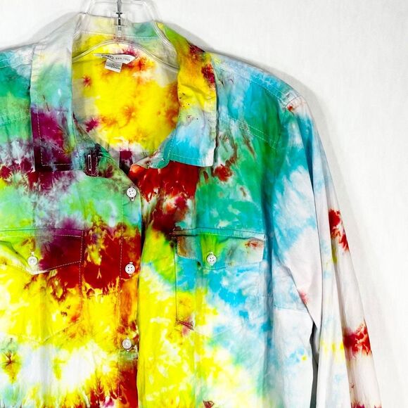 Cato Size Large Top The Drama Tie Dye Handmade Button Down Pink Green Cotton 954 - Picture 5 of 12